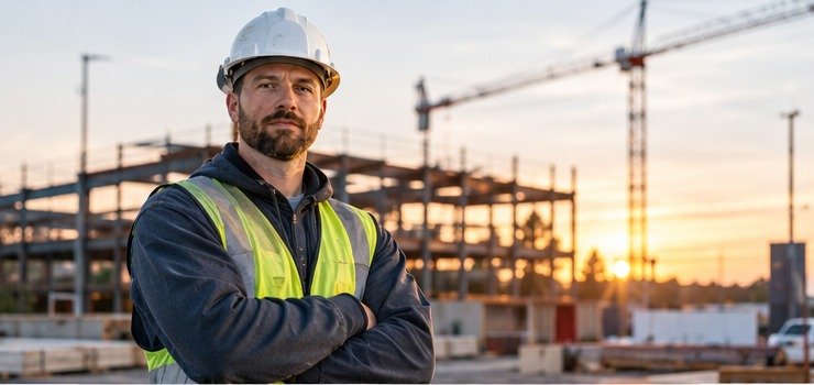 Illustration of a contractor in a hard hat on a construction site with a crane and steel framing