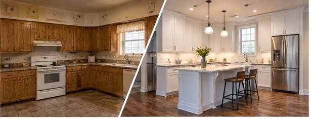 Illustration of a before and after remodel split